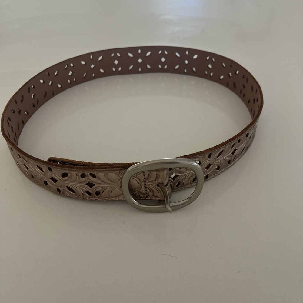 Intricate Brown Leather Belt with Silver Detailing